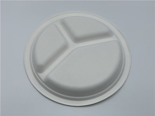 3 Compartment Round Disposable Dishes Biodegradable Sugarcane Bagasse 9inch 10inch Plates