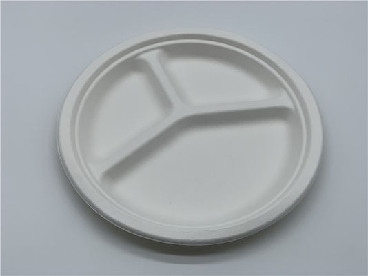 3 Compartment Round Disposable Dishes Biodegradable Sugarcane Bagasse 9inch 10inch Plates