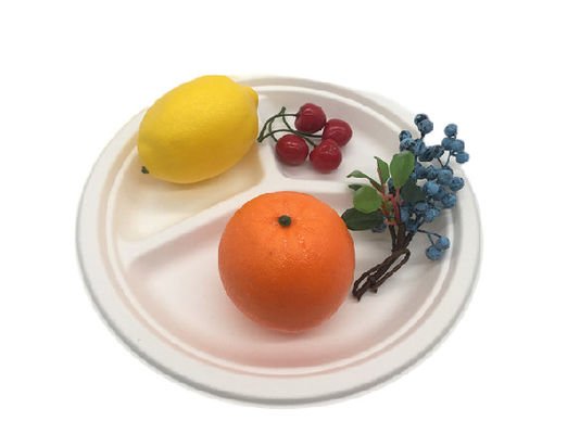 3 Compartment Round Disposable Dishes Biodegradable Sugarcane Bagasse 9inch 10inch Plates