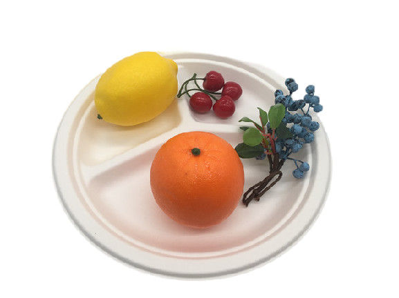 3 Compartment Round Disposable Dishes Biodegradable Sugarcane Bagasse 9inch 10inch Plates